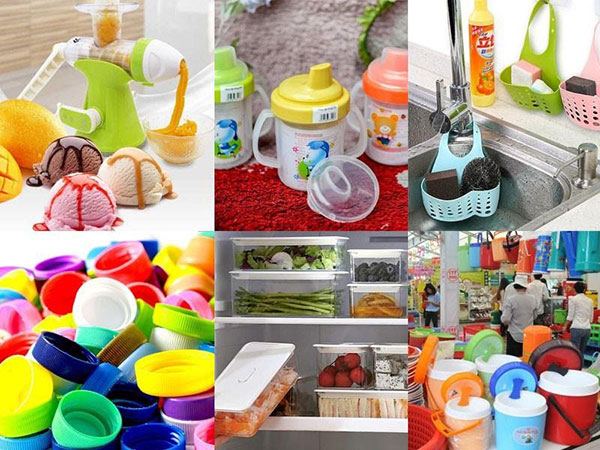 Hình ảnh mô tả các ứng dụng của nhựa PP nguyên sinh trong sản xuất bao bì thực phẩm, hộp đựng, linh kiện kỹ thuật, đồ gia dụng và sản phẩm công nghiệp.